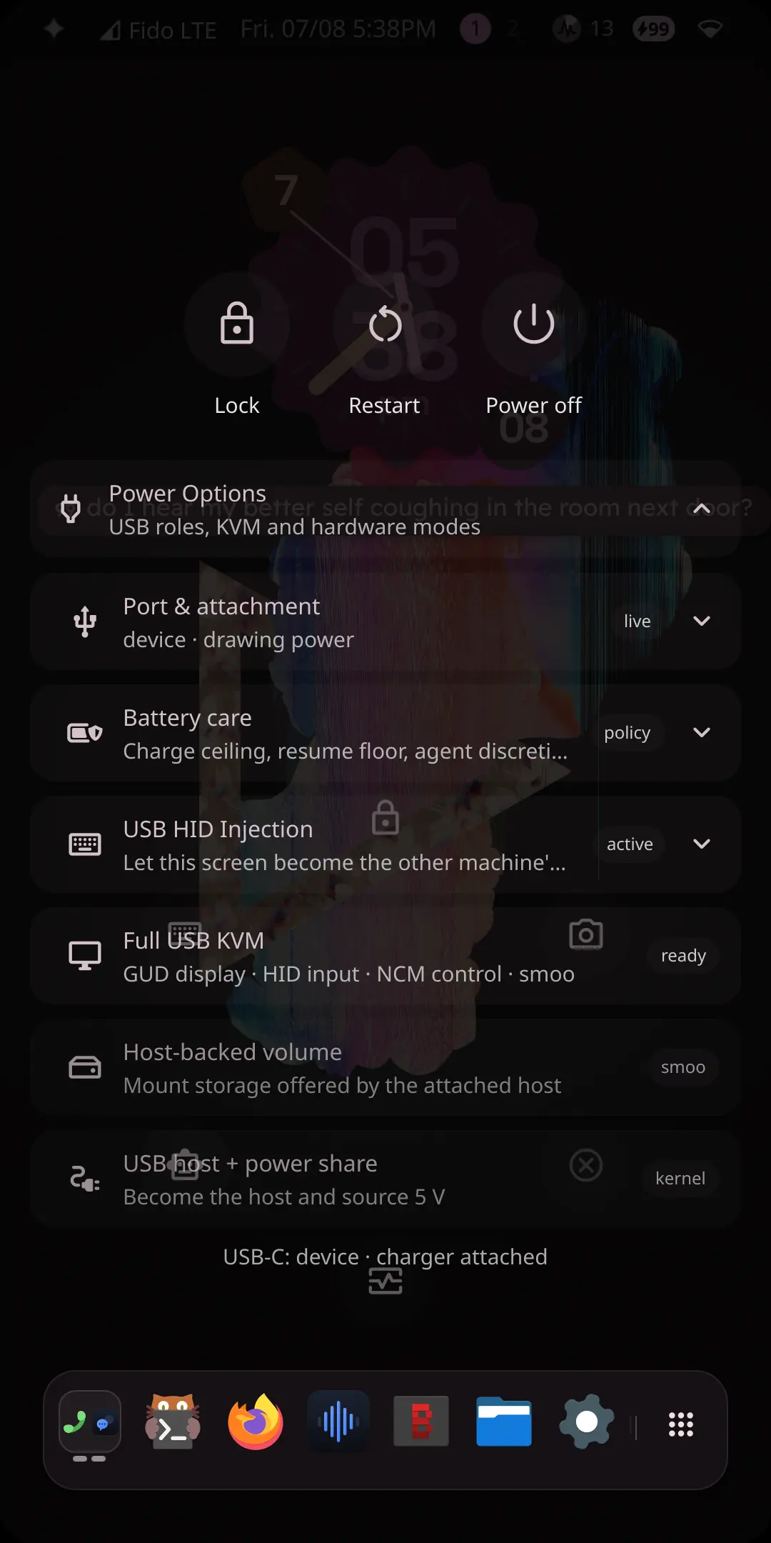 A phone power menu showing Lock, Restart and Power off above a list of USB roles: port and attachment marked live, battery care marked policy, USB HID injection marked active, full USB KVM marked ready, host-backed volume, and USB host with power share marked kernel.