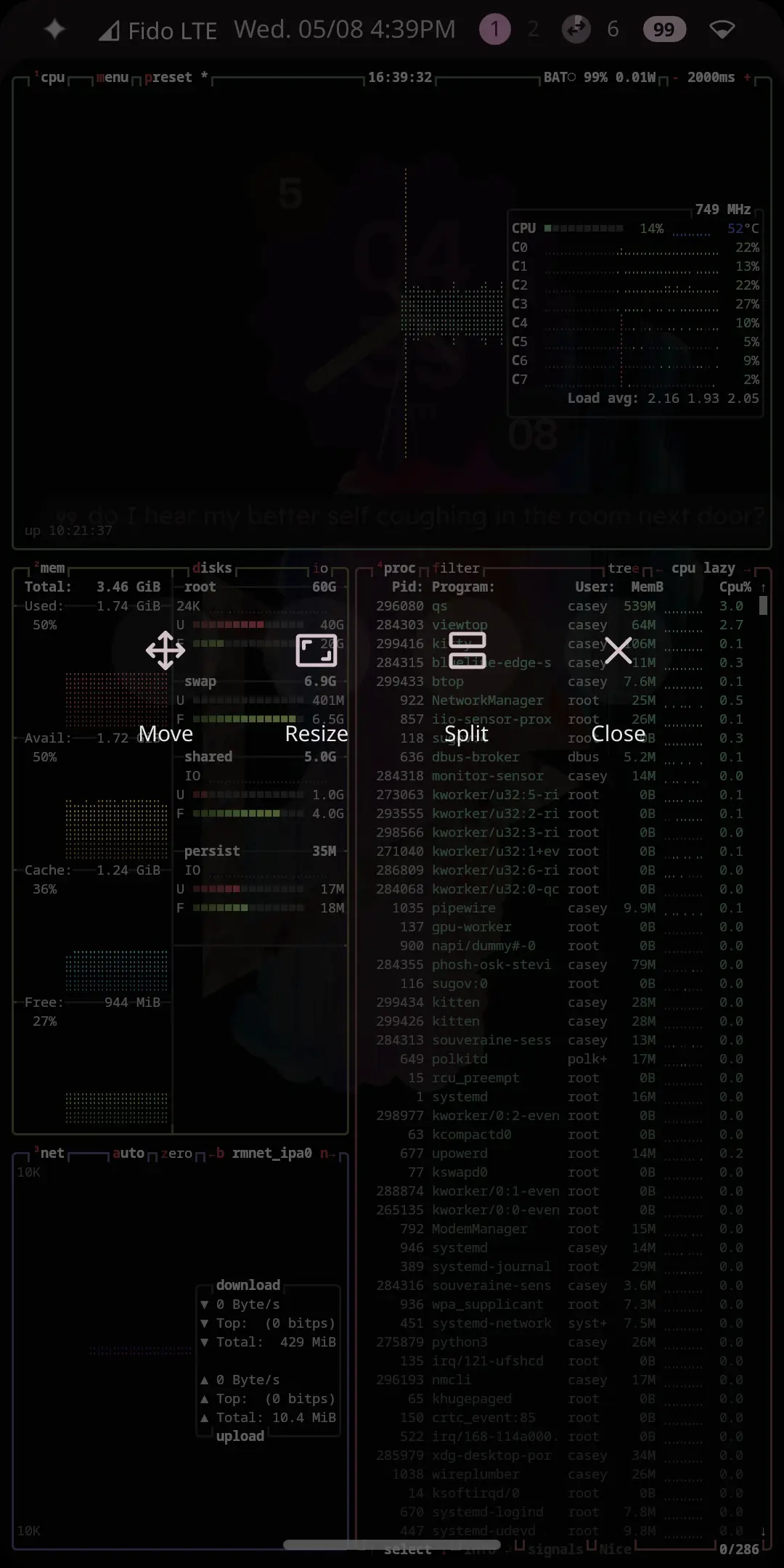 A phone screen tiled into four panels of system monitoring, with on-glass window controls labelled Move, Resize, Split and Close.